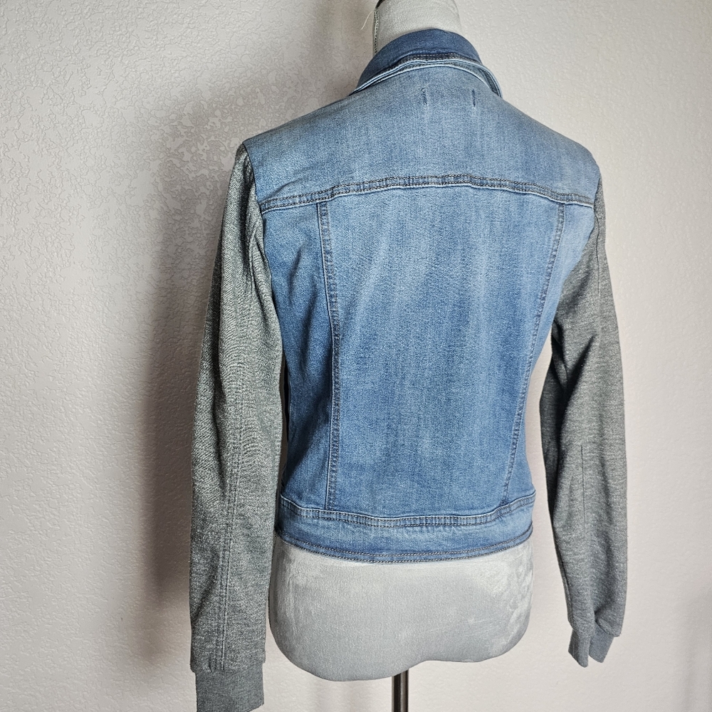 Denim Jacket Mixed Media Hoodie Jacket Distressed Blue Jean Womens Small - Picture 6 of 9